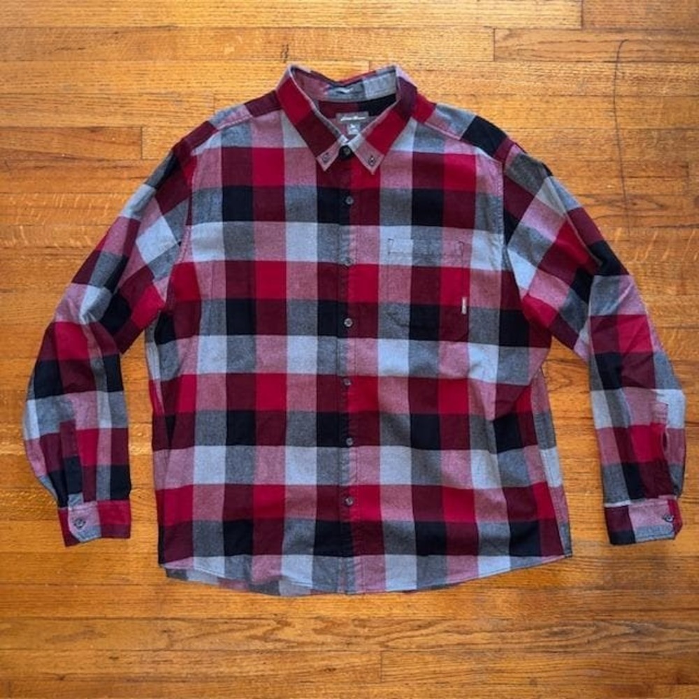 Eddie Bauer Mens 2XL Classic Fit Flannel Shirt Plaid Button Up Red Gray